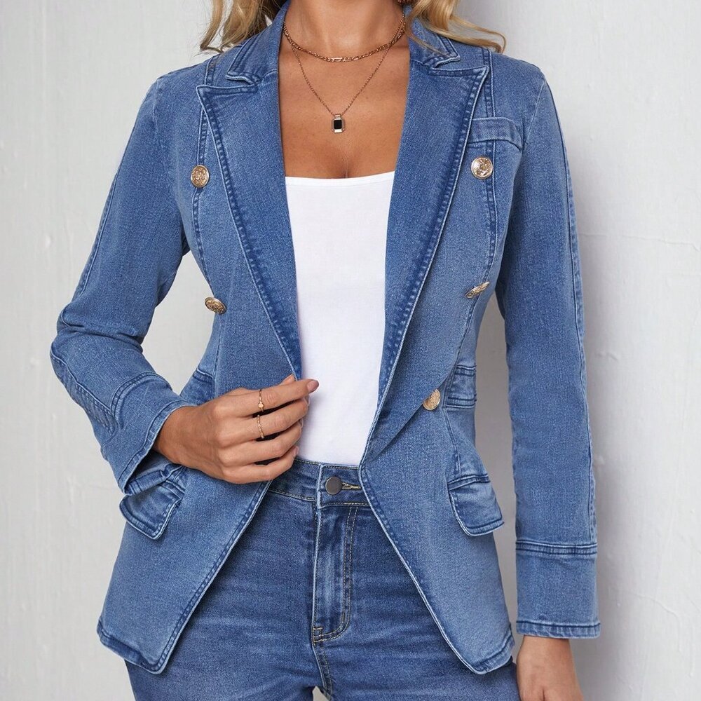 Blue Casual Women's Double-Breasted Decorated Blazer Collar Denim Jacket - Picture 3 of 6